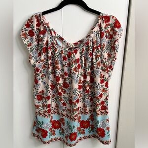 LC Lauren Conrad Red and Cream Pink Floral Blouse
